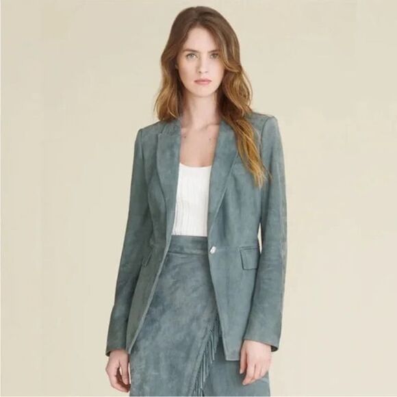 VERONICA BEARD Long and Lean Lamb Leather Blazer Jacket Size 10 Blue Suede - Picture 2 of 13